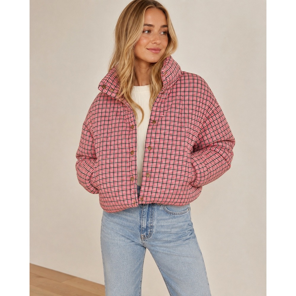 Marine Layer Pink Plaid Puffer Jacket Holiday 2022 Snap Front XL 15516 - Picture 1 of 9